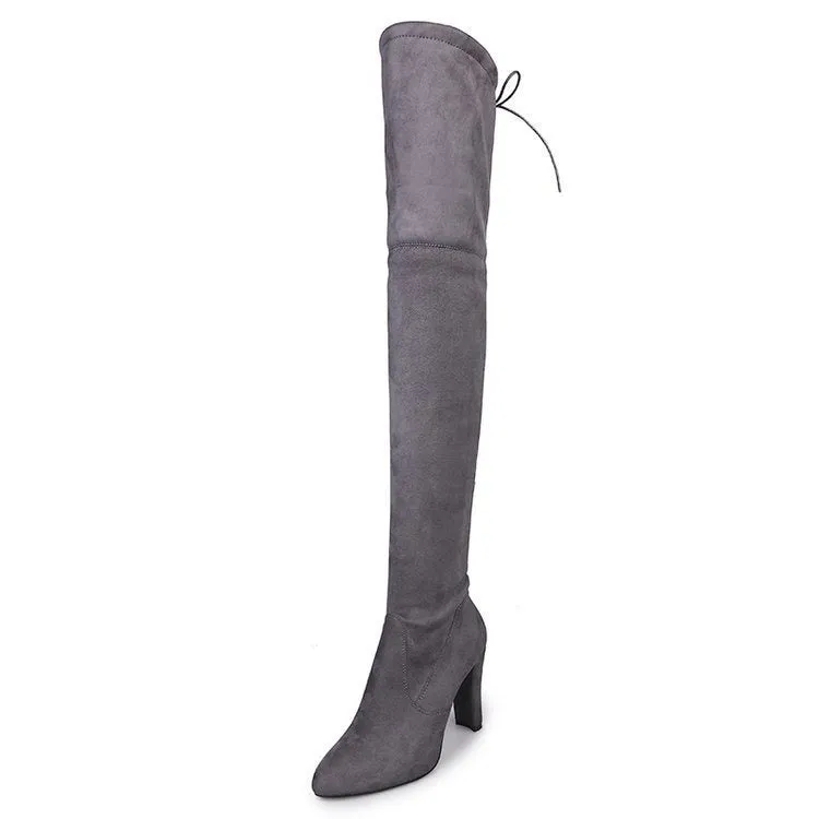 Women's Stretch Suede Chunky Over Knee Boots Over Knee High Chunky Heel Boots Long Stretch Sexy Fall Boots