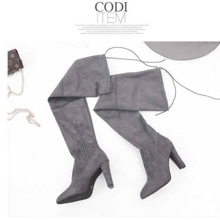 Women's Stretch Suede Chunky Over Knee Boots Over Knee High Chunky Heel Boots Long Stretch Sexy Fall Boots