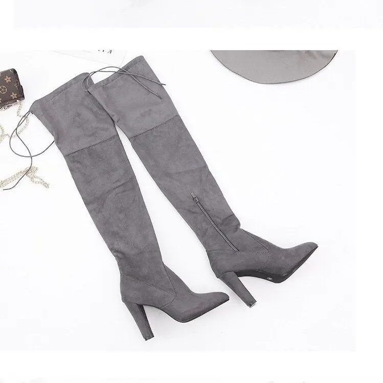 Women's Stretch Suede Chunky Over Knee Boots Over Knee High Chunky Heel Boots Long Stretch Sexy Fall Boots