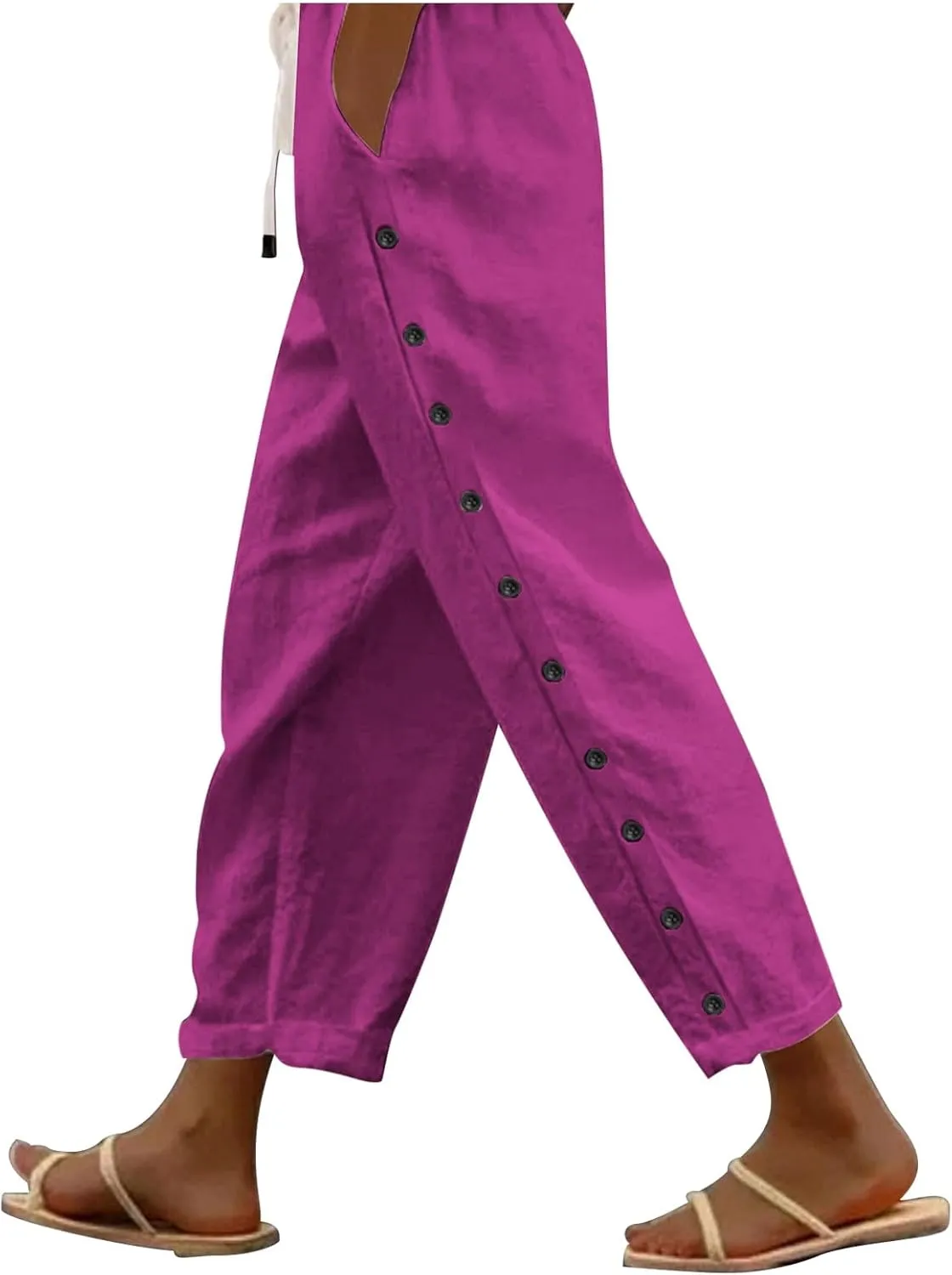 Women's Summer Casual Linen Pants Elastic Waist Relaxed Fit Straight Leg Cropped Pants Beach Trousers with Pockets