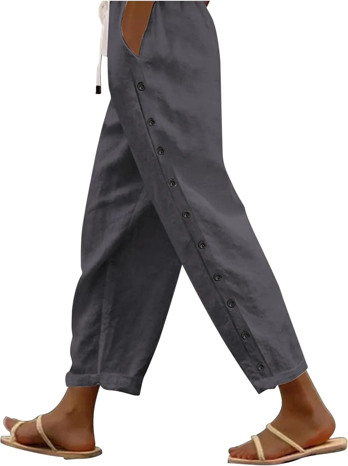 Women's Summer Casual Linen Pants Elastic Waist Relaxed Fit Straight Leg Cropped Pants Beach Trousers with Pockets