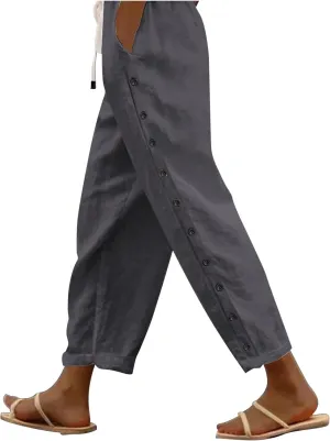 Women's Summer Casual Linen Pants Elastic Waist Relaxed Fit Straight Leg Cropped Pants Beach Trousers with Pockets