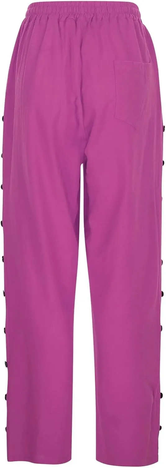 Women's Summer Casual Linen Pants Elastic Waist Relaxed Fit Straight Leg Cropped Pants Beach Trousers with Pockets