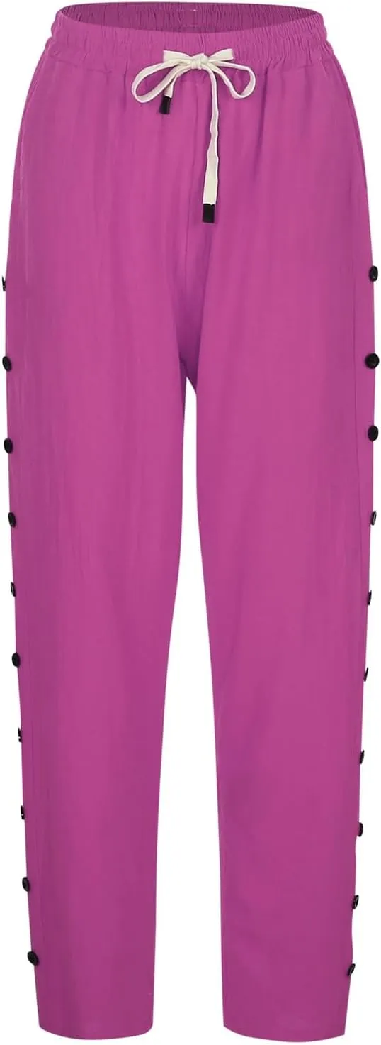 Women's Summer Casual Linen Pants Elastic Waist Relaxed Fit Straight Leg Cropped Pants Beach Trousers with Pockets