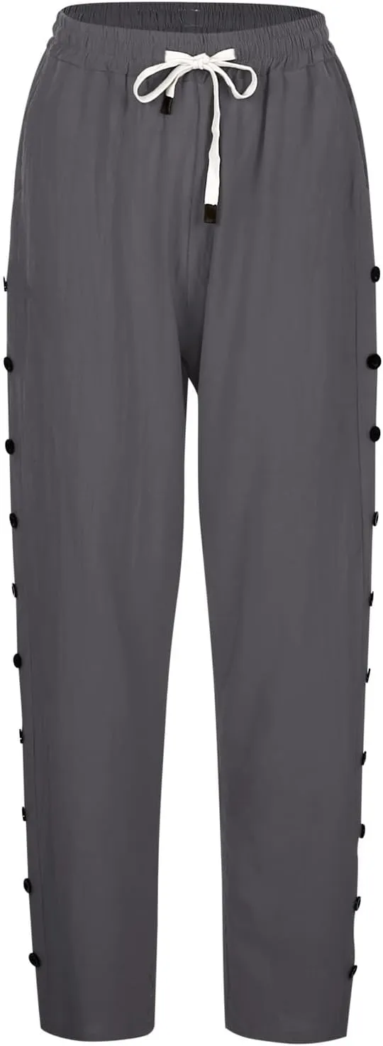 Women's Summer Casual Linen Pants Elastic Waist Relaxed Fit Straight Leg Cropped Pants Beach Trousers with Pockets