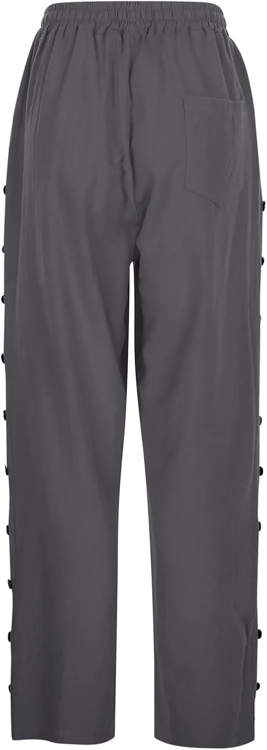 Women's Summer Casual Linen Pants Elastic Waist Relaxed Fit Straight Leg Cropped Pants Beach Trousers with Pockets