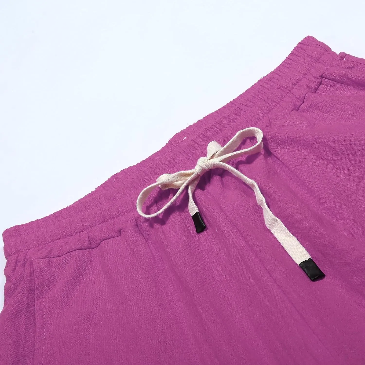 Women's Summer Casual Linen Pants Elastic Waist Relaxed Fit Straight Leg Cropped Pants Beach Trousers with Pockets