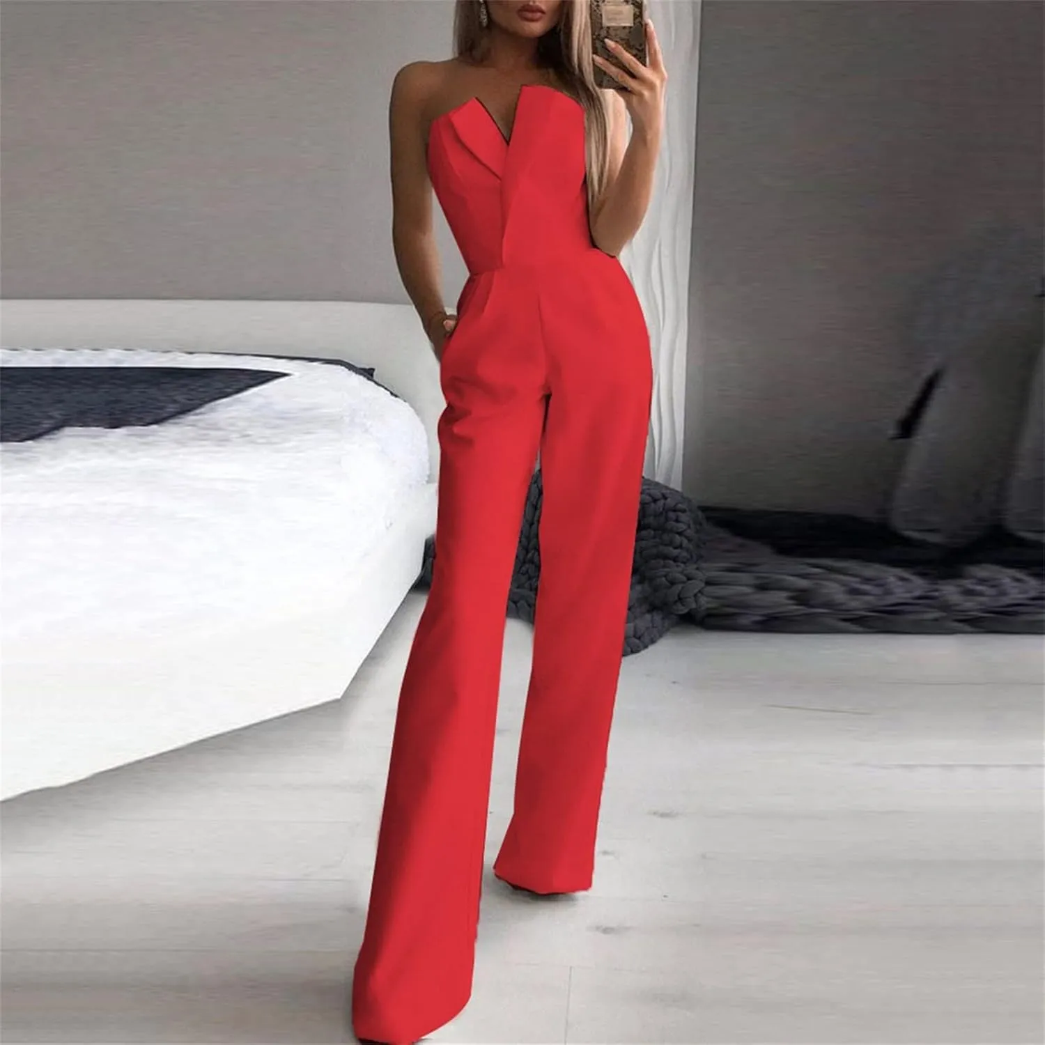 Women's Summer Romper Sexy Strapless Solid Color High Waist Sleeveless Straight Wide Leg Jumpsuits, S-XL