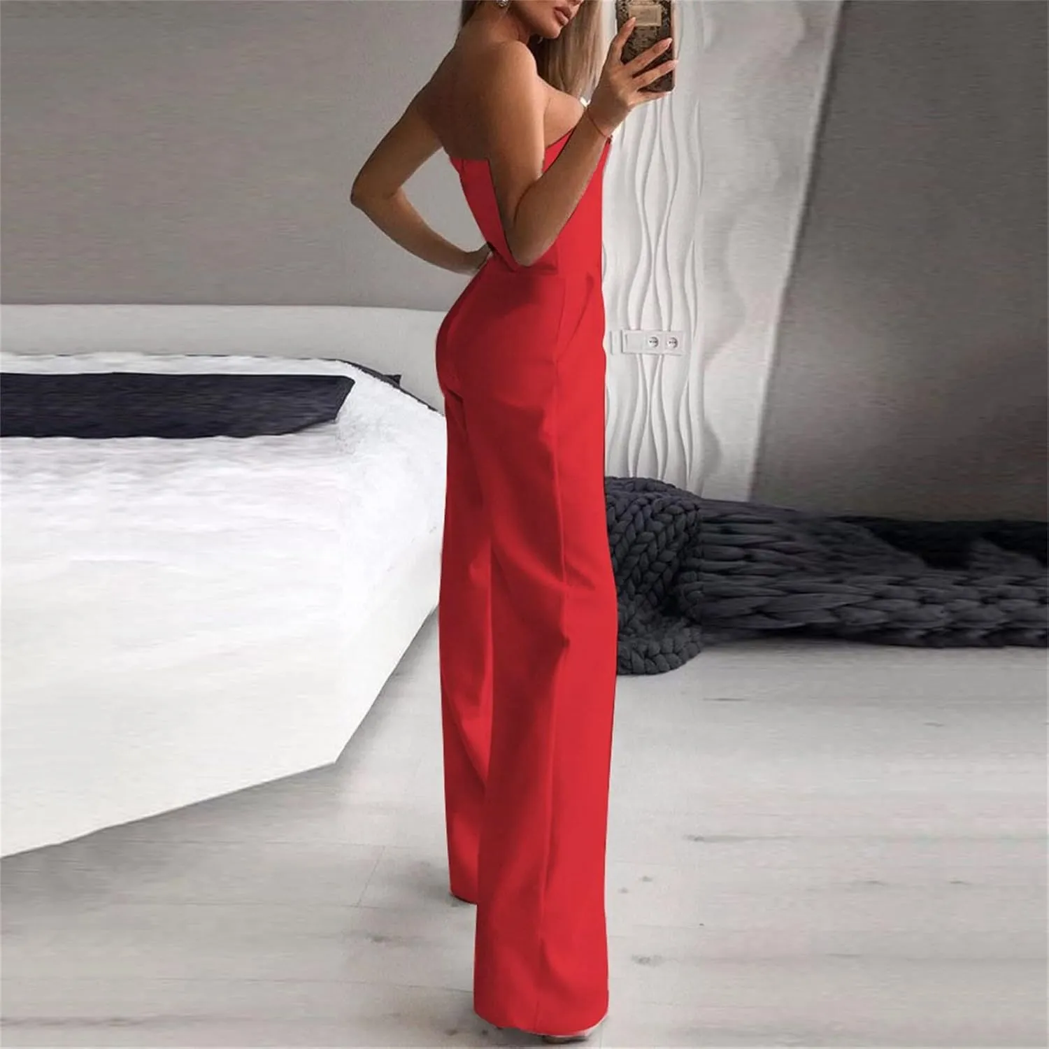 Women's Summer Romper Sexy Strapless Solid Color High Waist Sleeveless Straight Wide Leg Jumpsuits, S-XL