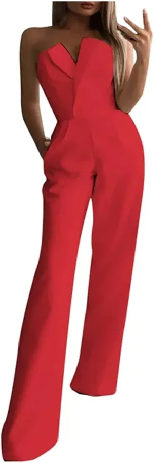 Women's Summer Romper Sexy Strapless Solid Color High Waist Sleeveless Straight Wide Leg Jumpsuits, S-XL