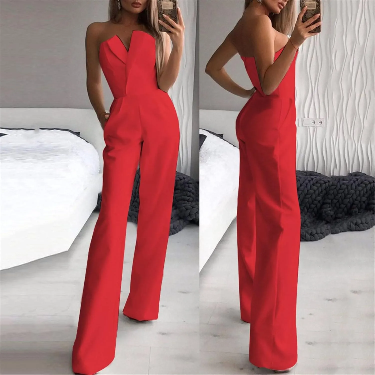 Women's Summer Romper Sexy Strapless Solid Color High Waist Sleeveless Straight Wide Leg Jumpsuits, S-XL