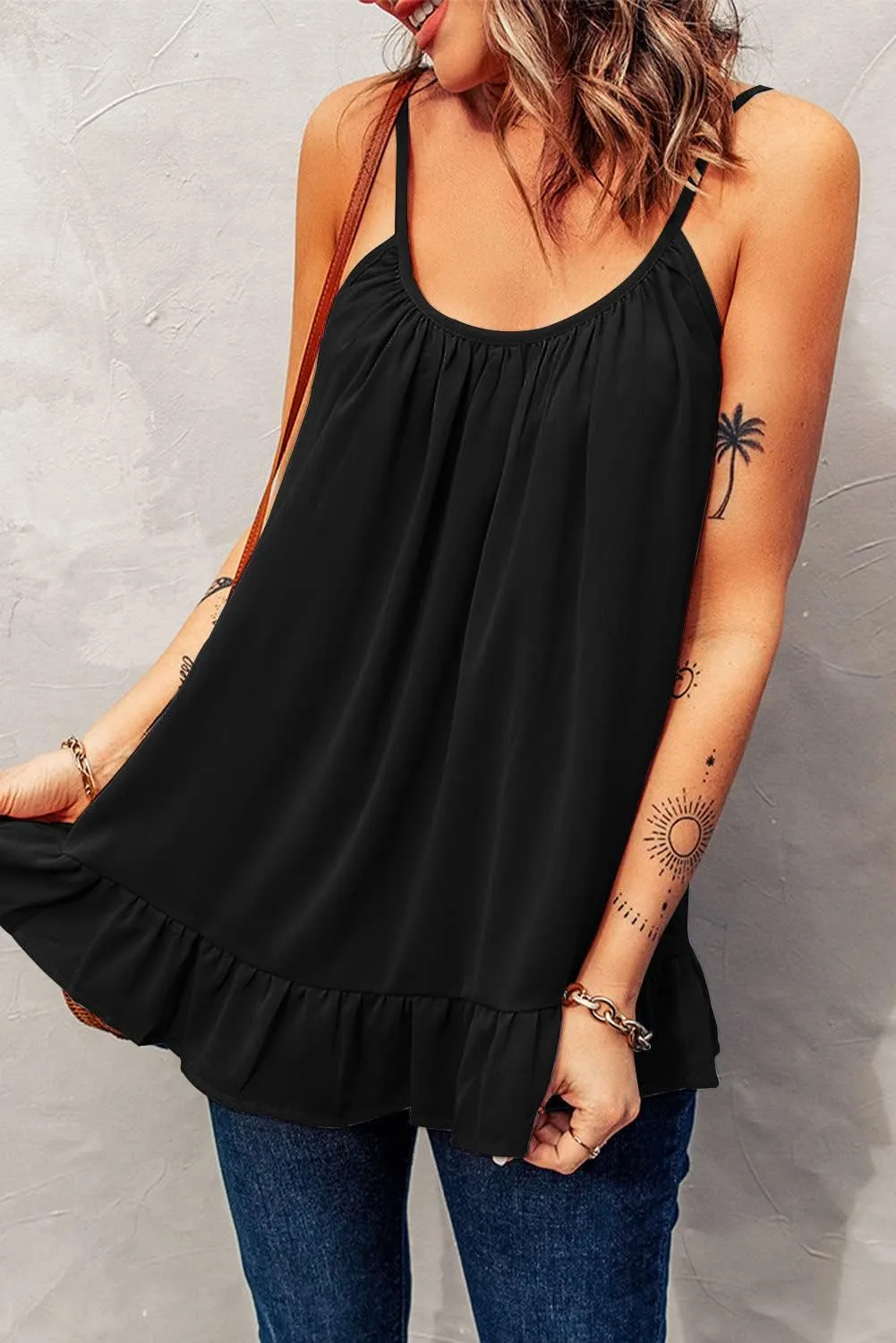 Women's Tank Tops Loose Fit Flowy Spaghetti Strap Camisole Round Neck Basic Racerback Camisole Scoop Neck Sleeveless