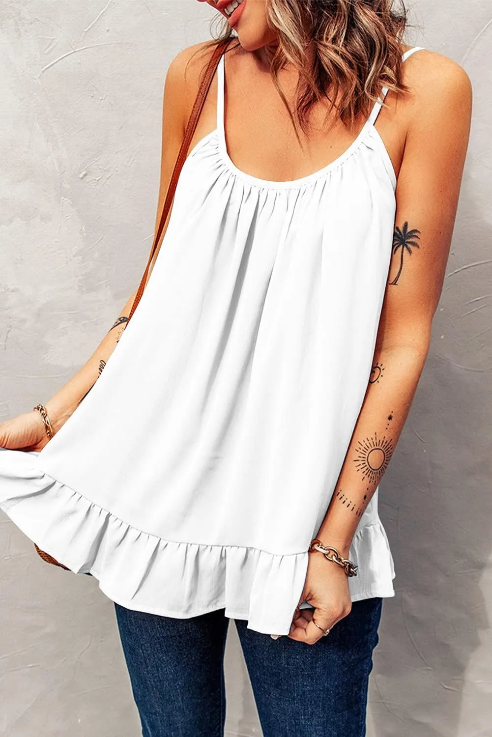 Women's Tank Tops Loose Fit Flowy Spaghetti Strap Camisole Round Neck Basic Racerback Camisole Scoop Neck Sleeveless