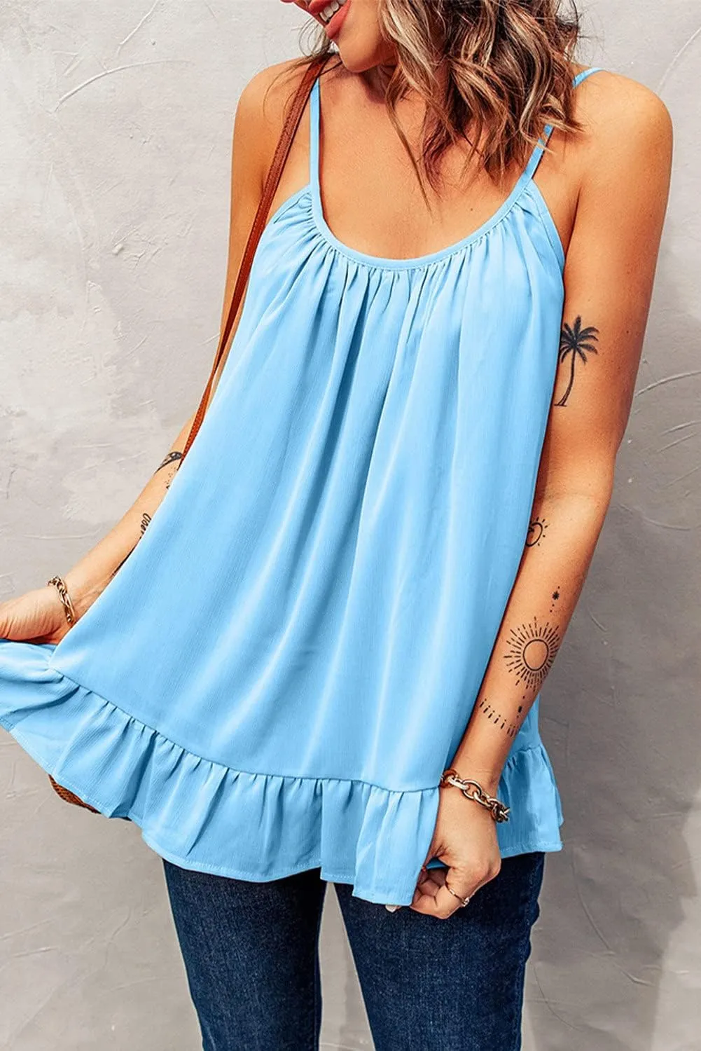 Women's Tank Tops Loose Fit Flowy Spaghetti Strap Camisole Round Neck Basic Racerback Camisole Scoop Neck Sleeveless