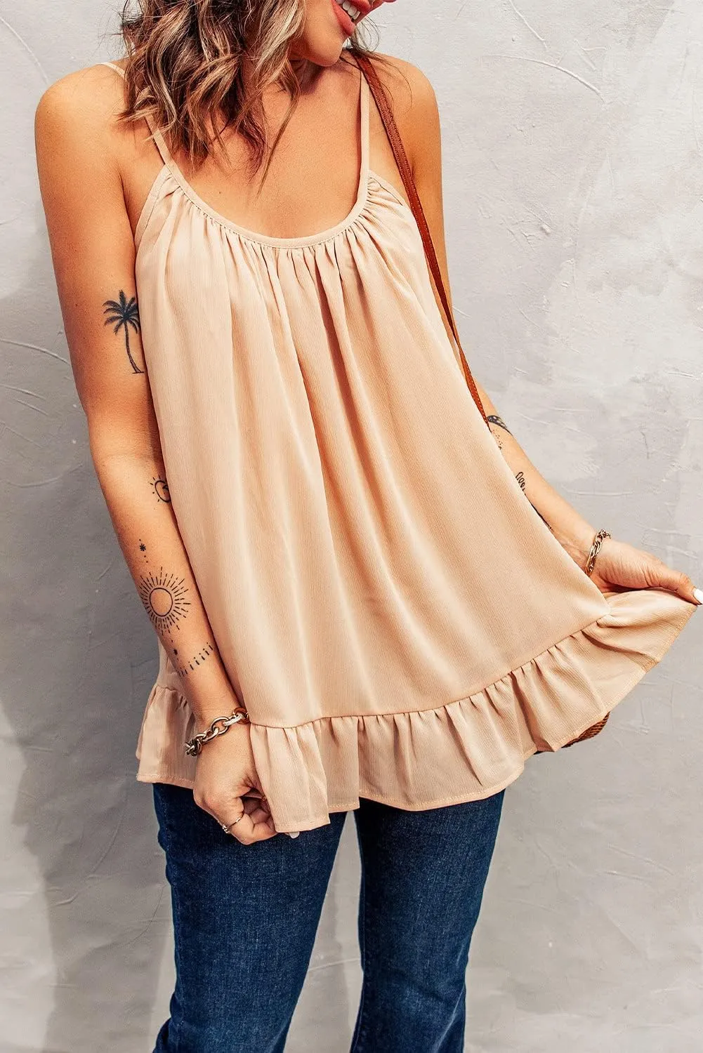 Women's Tank Tops Loose Fit Flowy Spaghetti Strap Camisole Round Neck Basic Racerback Camisole Scoop Neck Sleeveless