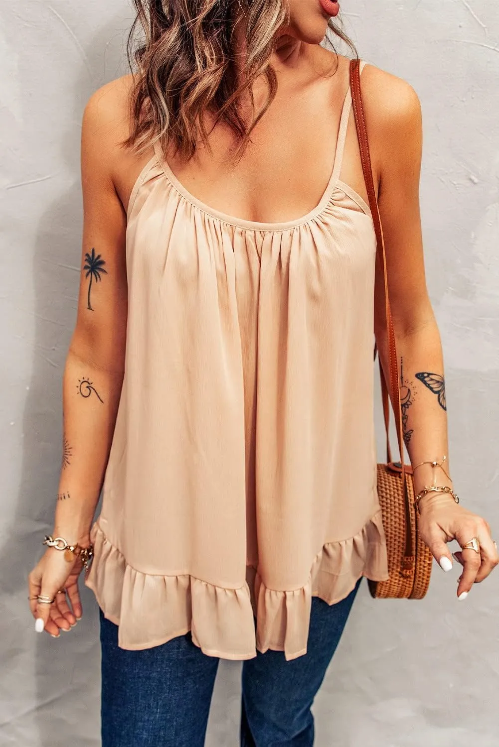 Women's Tank Tops Loose Fit Flowy Spaghetti Strap Camisole Round Neck Basic Racerback Camisole Scoop Neck Sleeveless