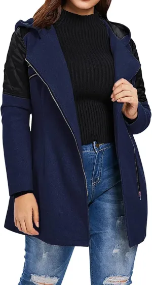 Womens Trench Coats Side Zipper Hoodie Jackets Plus Size Wool-Blend Notch Lapel Parka Asymmetrical Moto Jacket