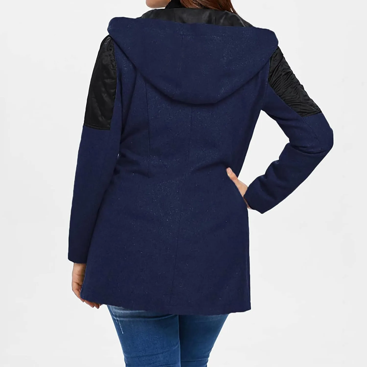 Womens Trench Coats Side Zipper Hoodie Jackets Plus Size Wool-Blend Notch Lapel Parka Asymmetrical Moto Jacket