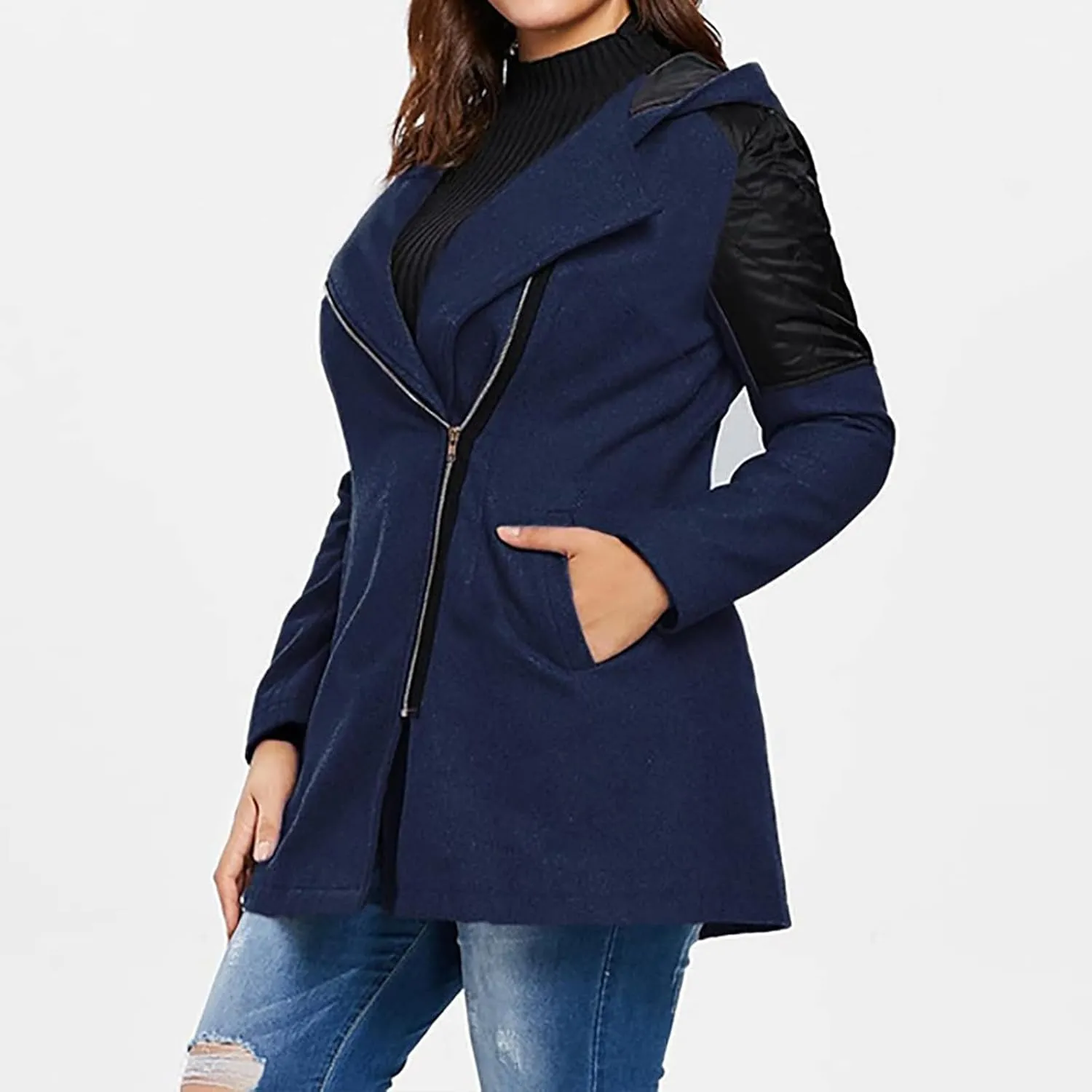 Womens Trench Coats Side Zipper Hoodie Jackets Plus Size Wool-Blend Notch Lapel Parka Asymmetrical Moto Jacket