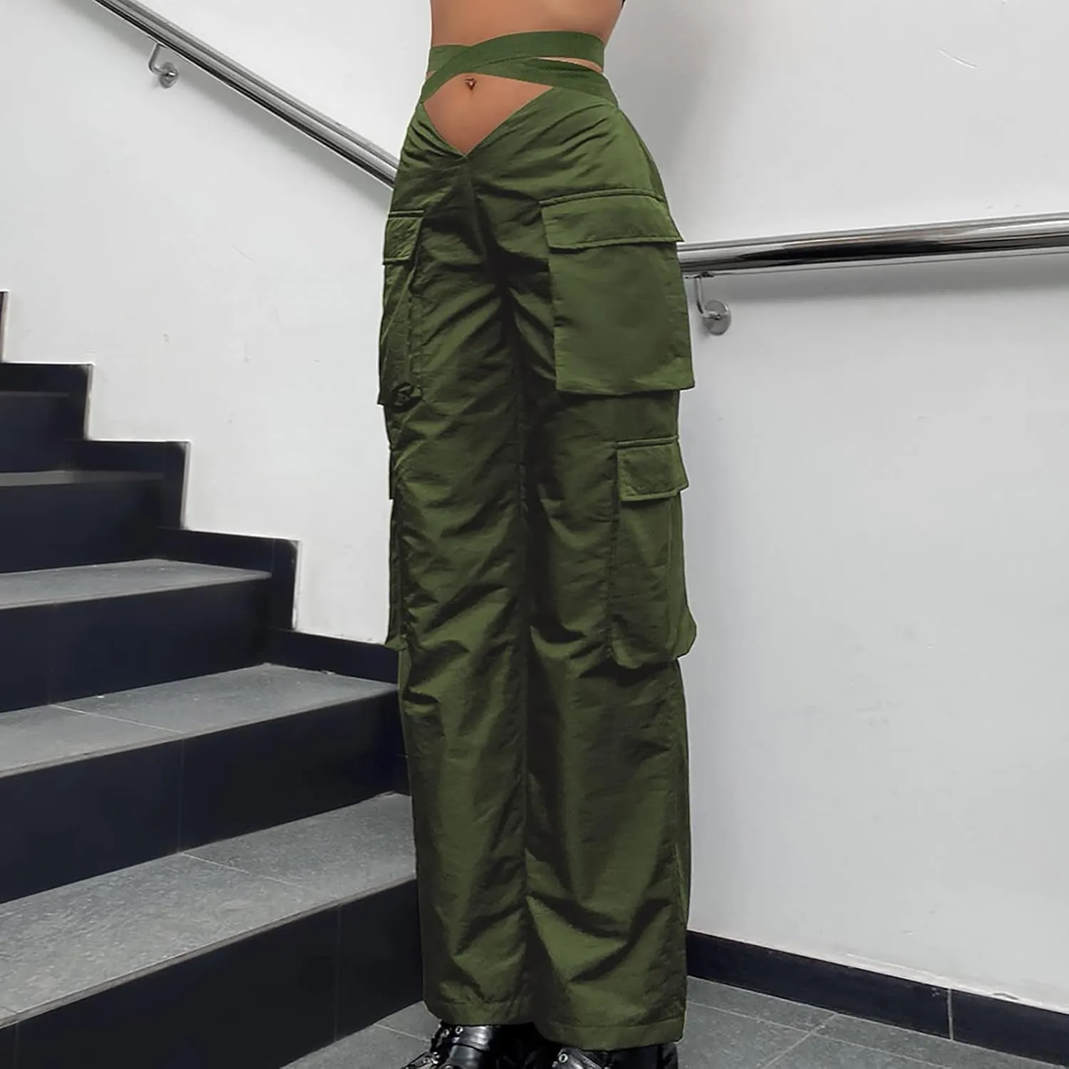 Women's V-Neck Cargo Pants Baggy Stretchy Wide Leg Streetwear with 6 Pockets High Waist Trousers Workout Sweatpants