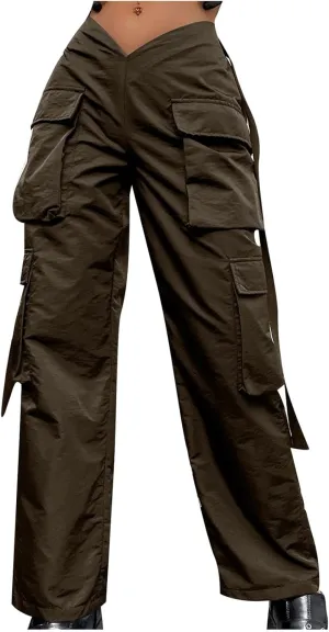Women's V-Neck Cargo Pants Baggy Stretchy Wide Leg Streetwear with 6 Pockets High Waist Trousers Workout Sweatpants