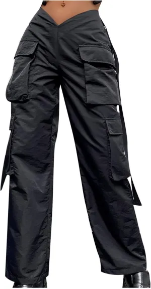 Women's V-Neck Cargo Pants Baggy Stretchy Wide Leg Streetwear with 6 Pockets High Waist Trousers Workout Sweatpants