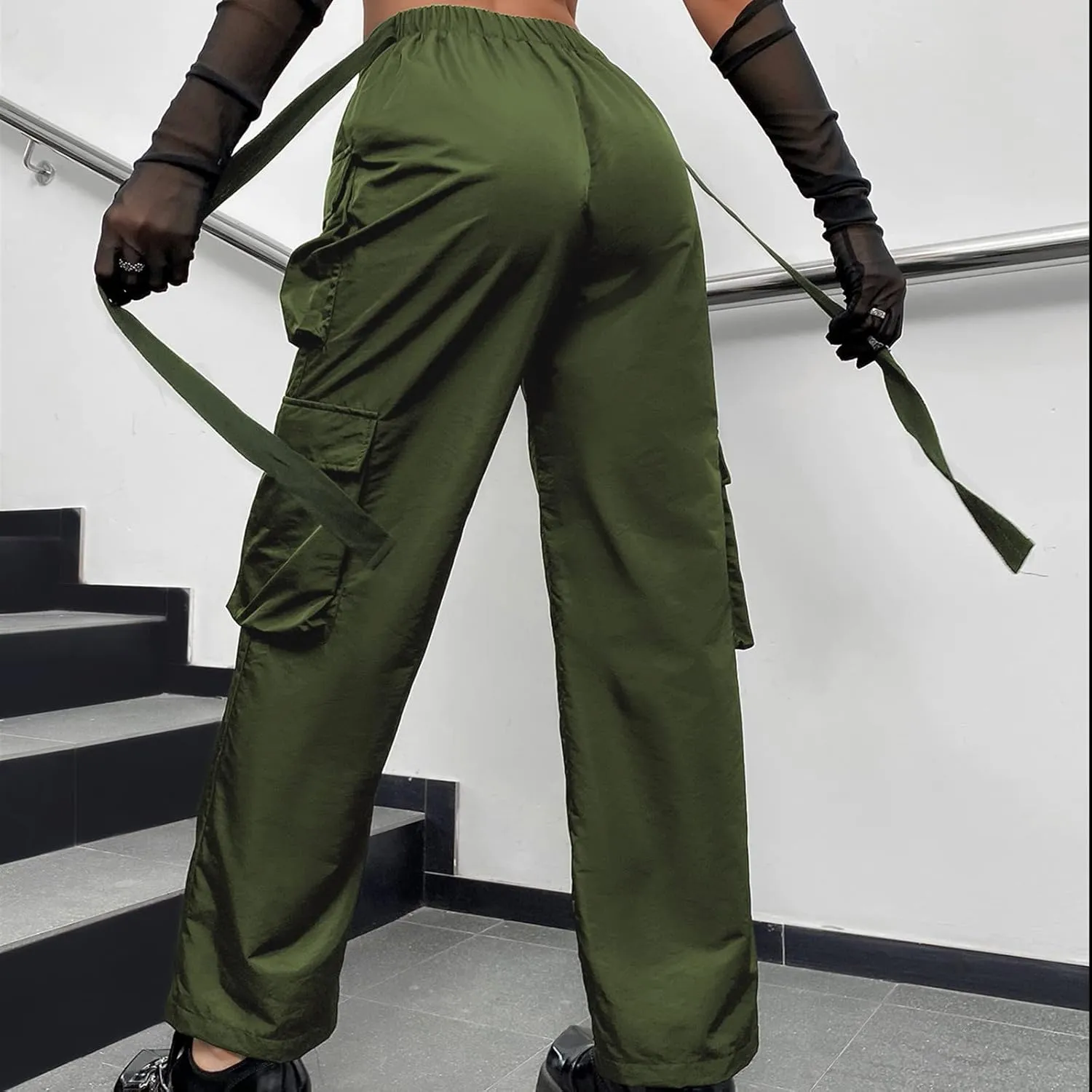 Women's V-Neck Cargo Pants Baggy Stretchy Wide Leg Streetwear with 6 Pockets High Waist Trousers Workout Sweatpants