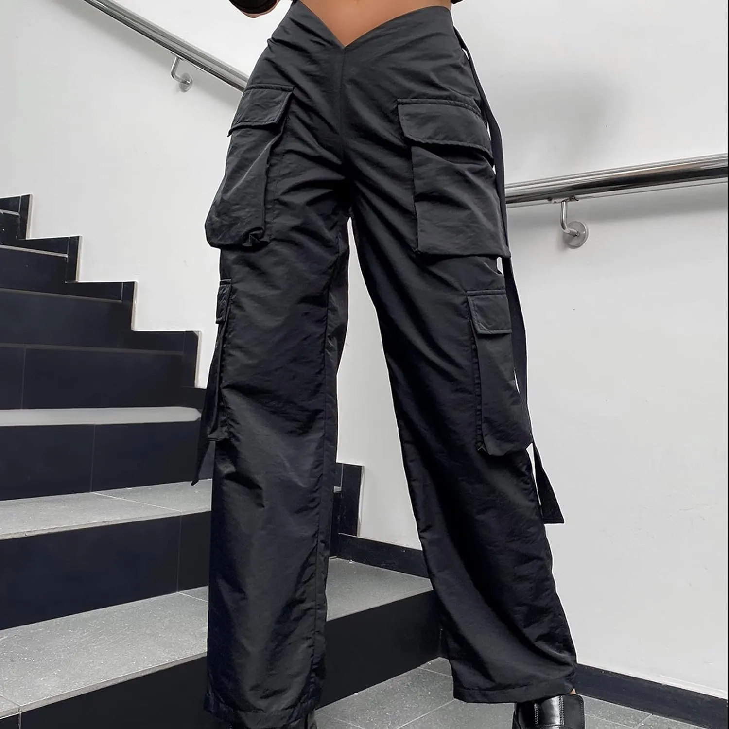 Women's V-Neck Cargo Pants Baggy Stretchy Wide Leg Streetwear with 6 Pockets High Waist Trousers Workout Sweatpants