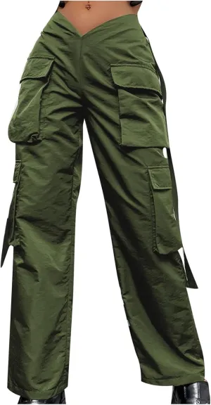 Women's V-Neck Cargo Pants Baggy Stretchy Wide Leg Streetwear with 6 Pockets High Waist Trousers Workout Sweatpants