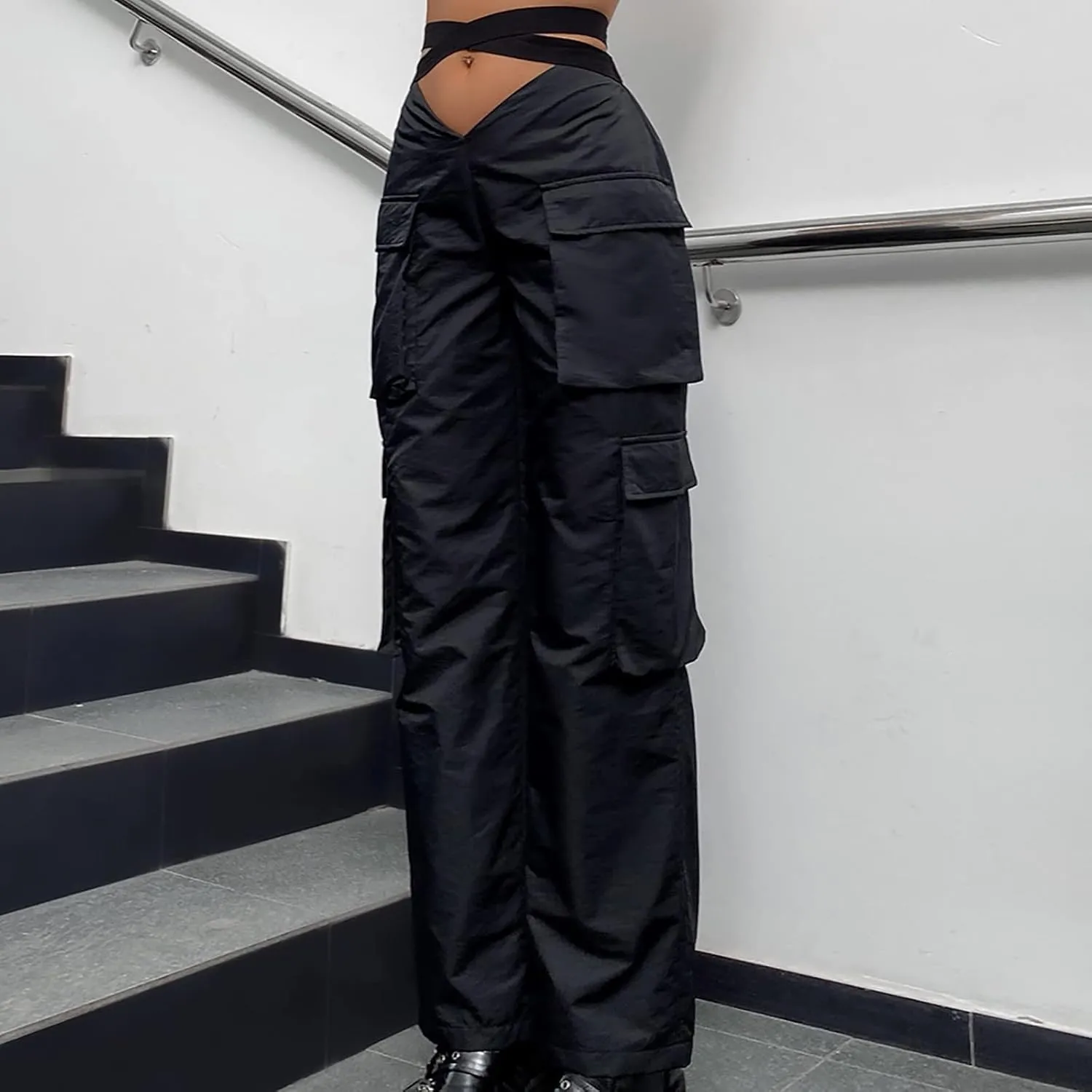Women's V-Neck Cargo Pants Baggy Stretchy Wide Leg Streetwear with 6 Pockets High Waist Trousers Workout Sweatpants