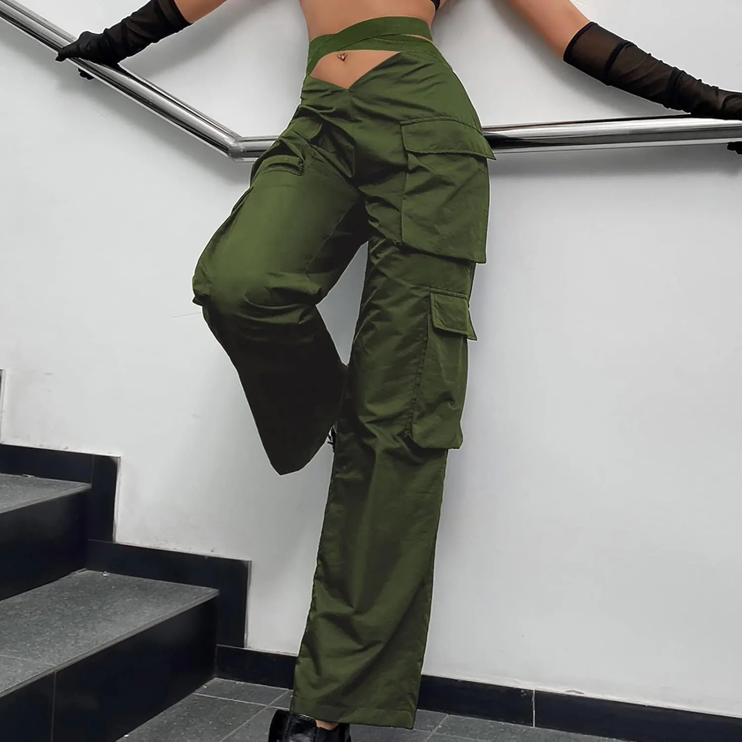 Women's V-Neck Cargo Pants Baggy Stretchy Wide Leg Streetwear with 6 Pockets High Waist Trousers Workout Sweatpants