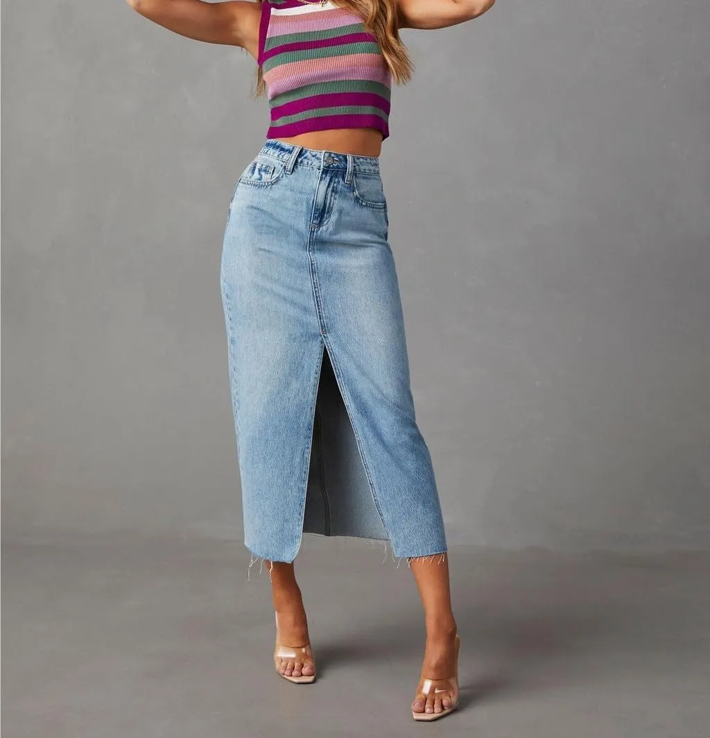 Women's Vintage Split Fork Blue Pencil Jean Skirt High Waist Straight Long Bodycon Casual Denim Skirt