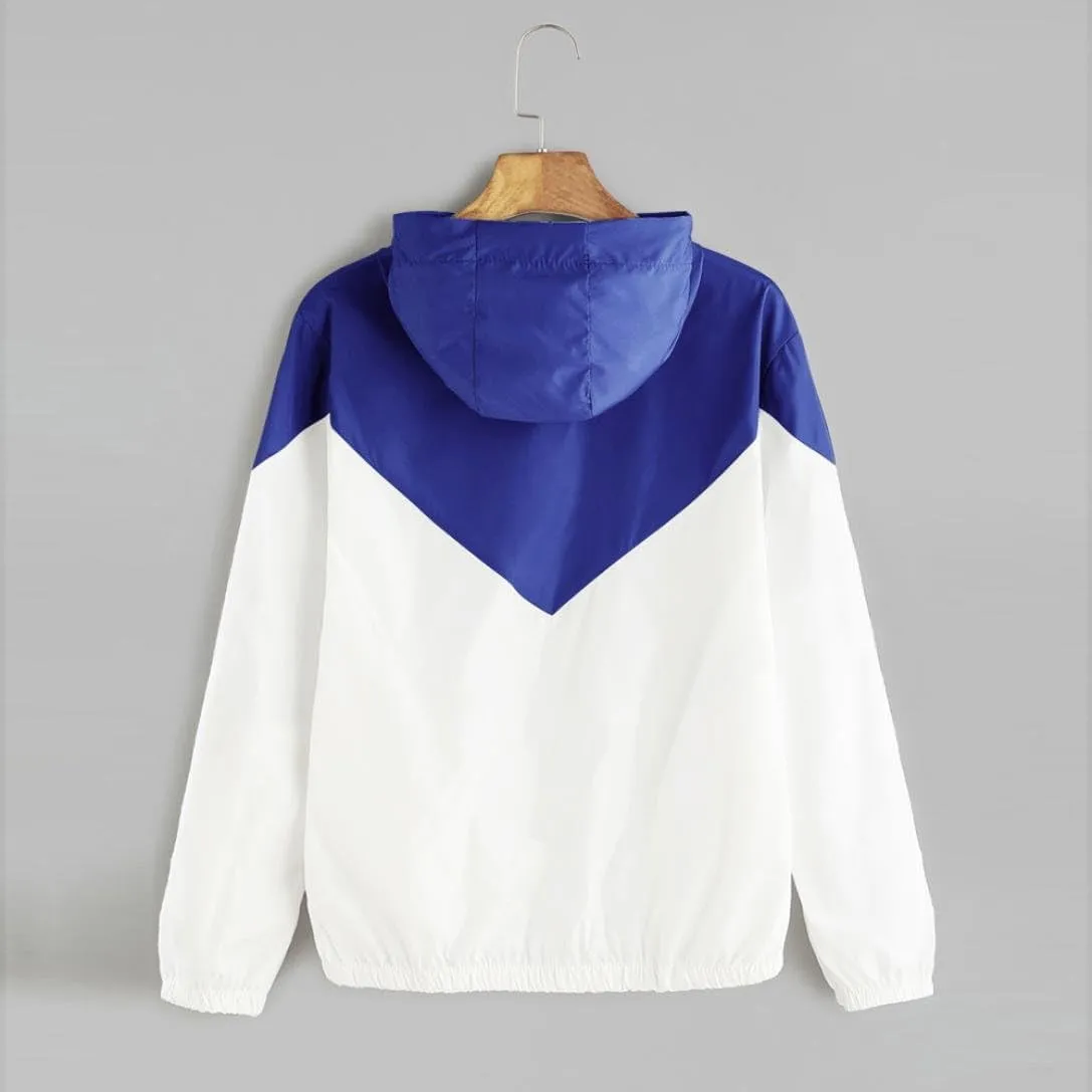 Womens Windbreaker Jacket Color Block Drawstring Hooded Sports Jacket Lightweight Outdoor Raincoat