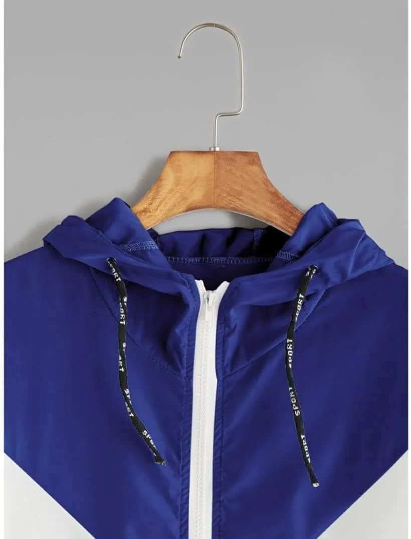 Womens Windbreaker Jacket Color Block Drawstring Hooded Sports Jacket Lightweight Outdoor Raincoat