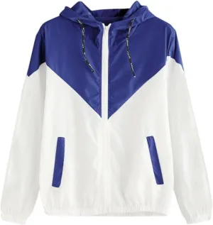 Womens Windbreaker Jacket Color Block Drawstring Hooded Sports Jacket Lightweight Outdoor Raincoat