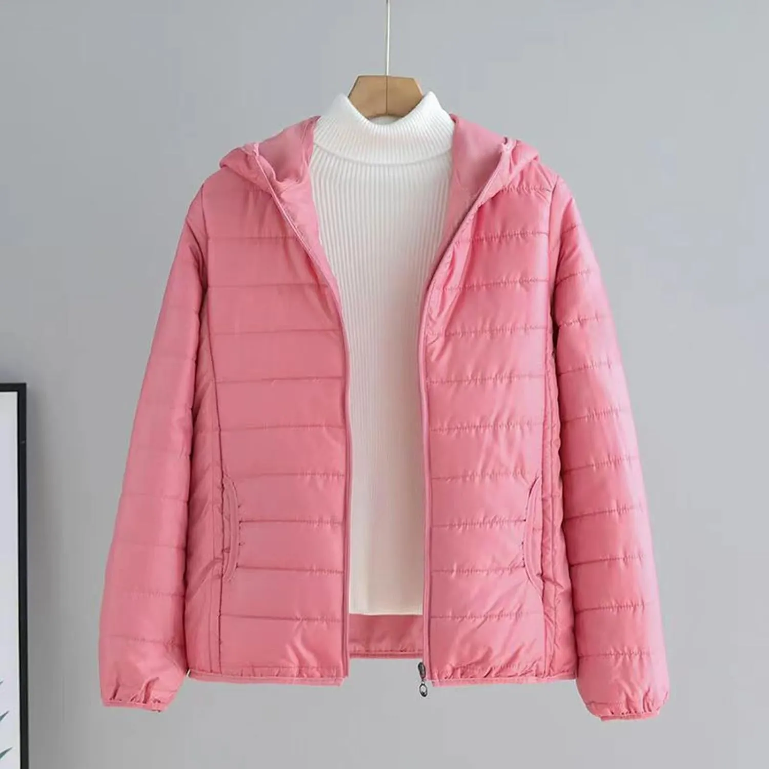 Womens Winter Puffer Jacket Warm Lightweight Hooded Down Coat Casual Solid Long Sleeve Zipper Outwear 2024 Thermal Coat
