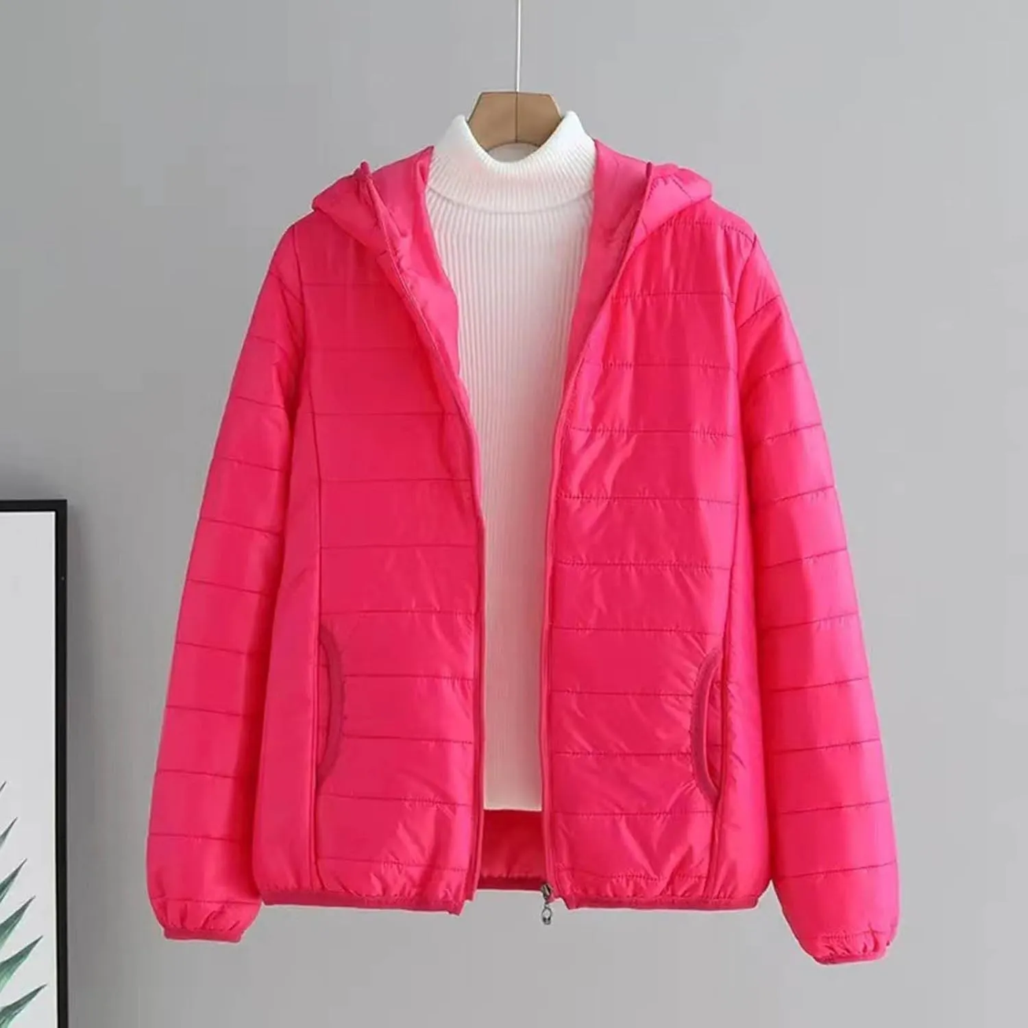 Womens Winter Puffer Jacket Warm Lightweight Hooded Down Coat Casual Solid Long Sleeve Zipper Outwear 2024 Thermal Coat