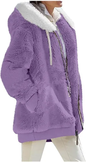 Womens Winter Thick Coat Hooded Zip Casual Outwear Insulated Slim Soft Fleece Jacket with Pocket Daily Outdoor Clothes