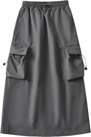Women's Y2k Cargo Skirt Drawstring Elastic Waist Flap Pocket Back Slit Midi Skirt Trendy Casual A Line Pencil Skirts