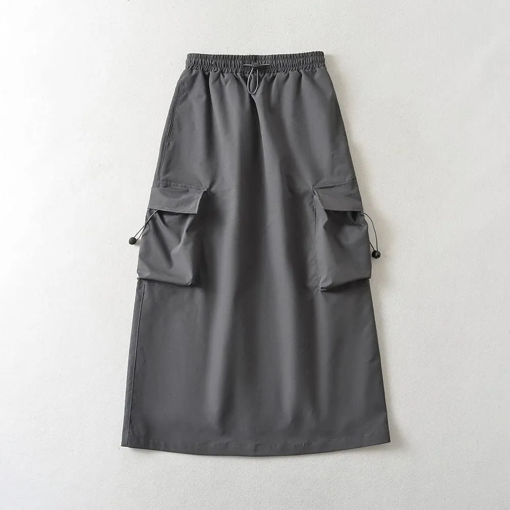 Women's Y2k Cargo Skirt Drawstring Elastic Waist Flap Pocket Back Slit Midi Skirt Trendy Casual A Line Pencil Skirts