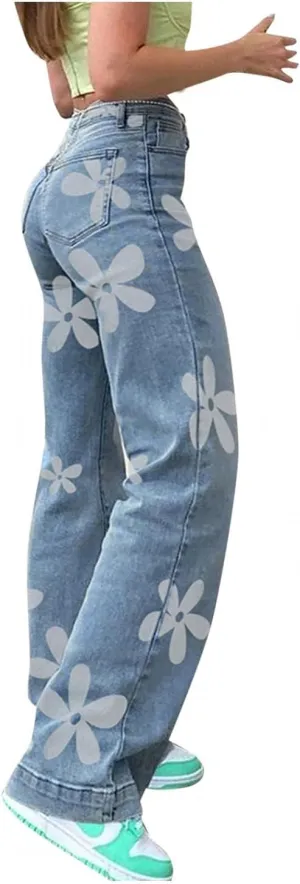Womens Y2K Flower Printed Baggy Jeans High Waist Wide Leg Straight Demin Cargo Pants E Girl Fashion Trousers Streetwear