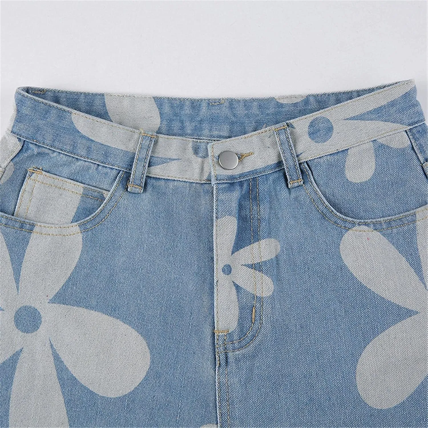 Womens Y2K Flower Printed Baggy Jeans High Waist Wide Leg Straight Demin Cargo Pants E Girl Fashion Trousers Streetwear