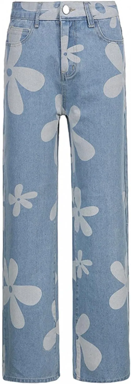 Womens Y2K Flower Printed Baggy Jeans High Waist Wide Leg Straight Demin Cargo Pants E Girl Fashion Trousers Streetwear