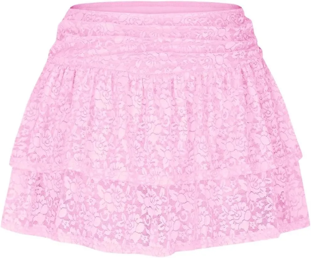 Womens Y2k Lace Mini Skirt Fairy Mesh Floral Mid Low Rise Ruffle Half Slip Skirt Sexy Layered Flowy Short Skirt