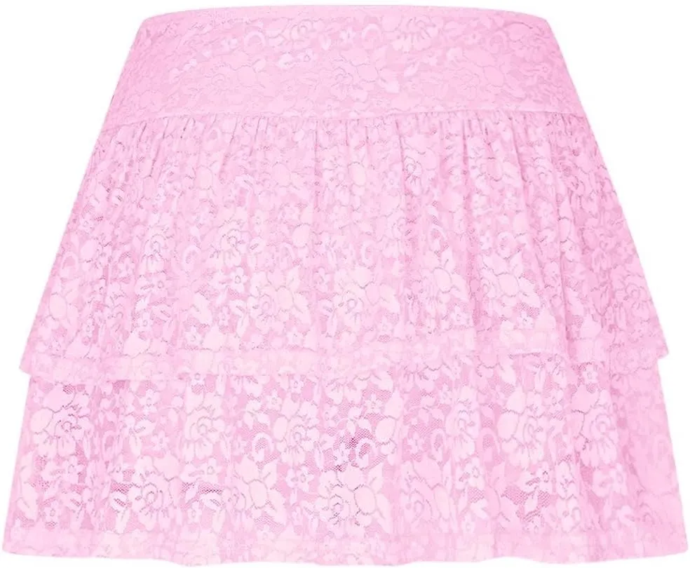 Womens Y2k Lace Mini Skirt Fairy Mesh Floral Mid Low Rise Ruffle Half Slip Skirt Sexy Layered Flowy Short Skirt