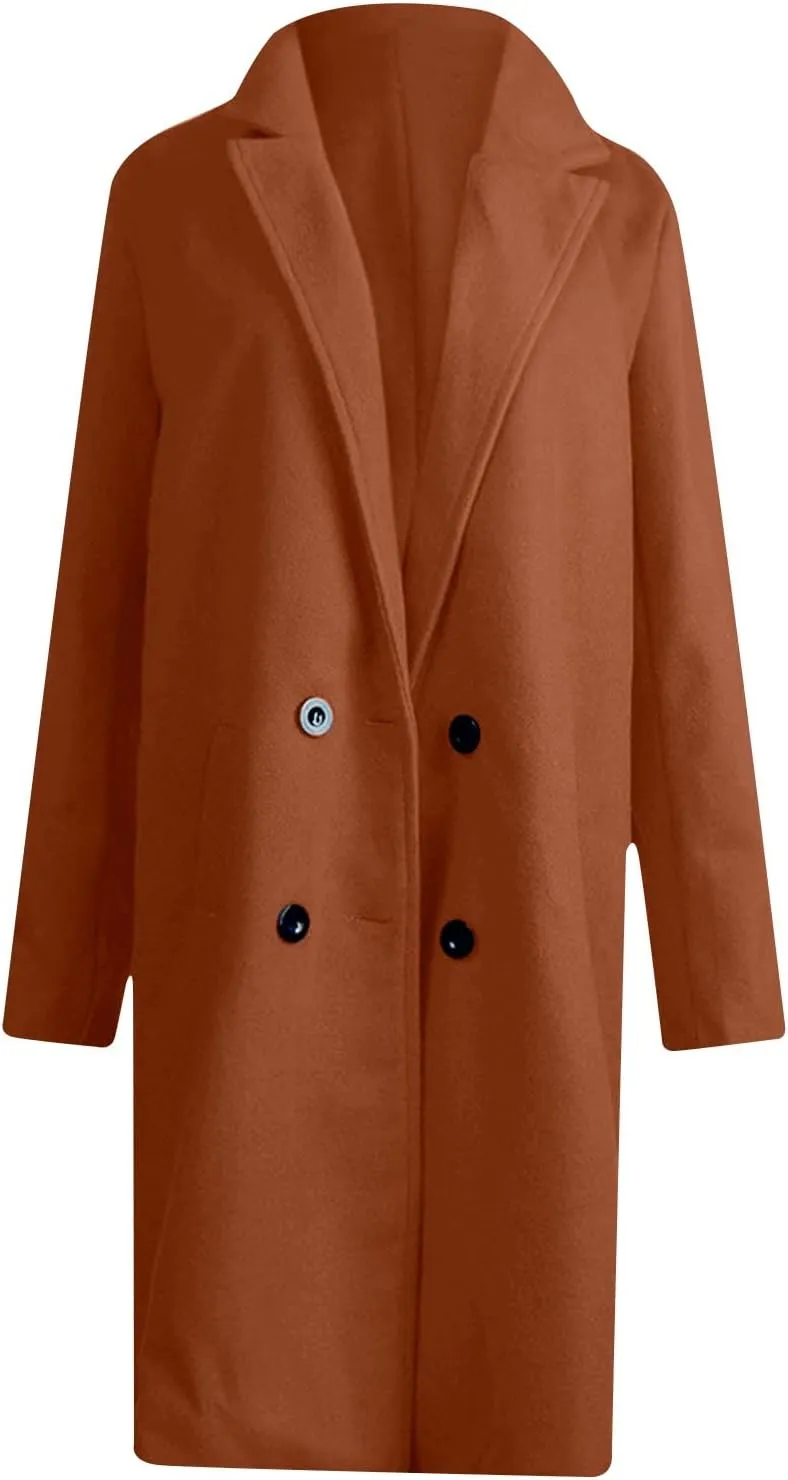 Wool Coats for Women Notch Lapel Double Breasted Mid Long Trench Coat Plus Size Pea Overcoat Winter Jacket