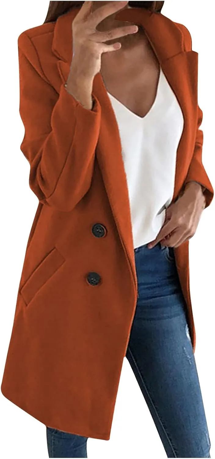 Wool Coats for Women Notch Lapel Double Breasted Mid Long Trench Coat Plus Size Pea Overcoat Winter Jacket