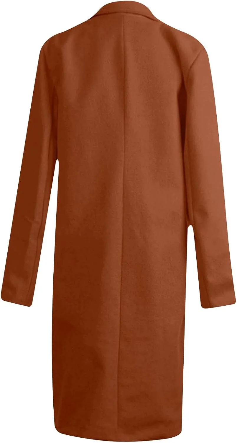 Wool Coats for Women Notch Lapel Double Breasted Mid Long Trench Coat Plus Size Pea Overcoat Winter Jacket
