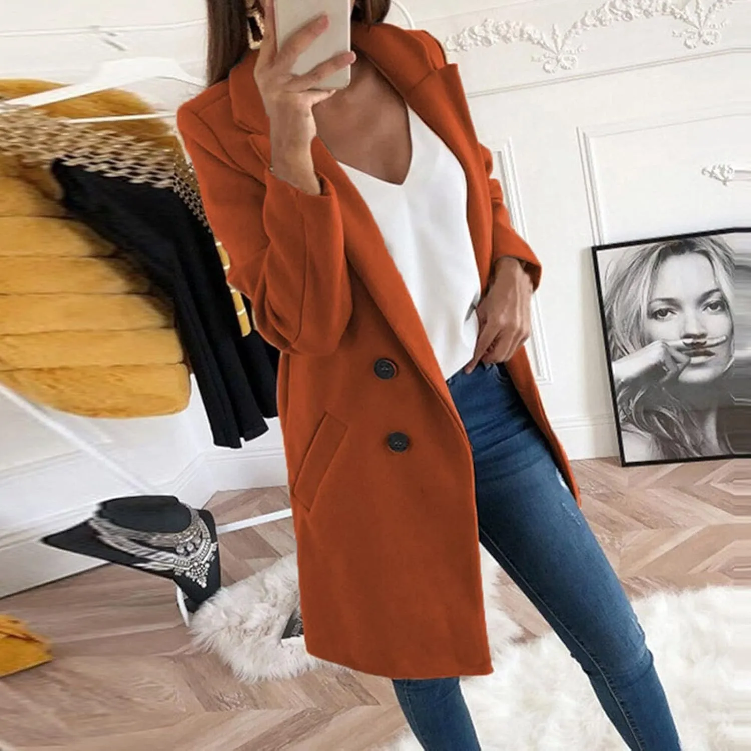 Wool Coats for Women Notch Lapel Double Breasted Mid Long Trench Coat Plus Size Pea Overcoat Winter Jacket