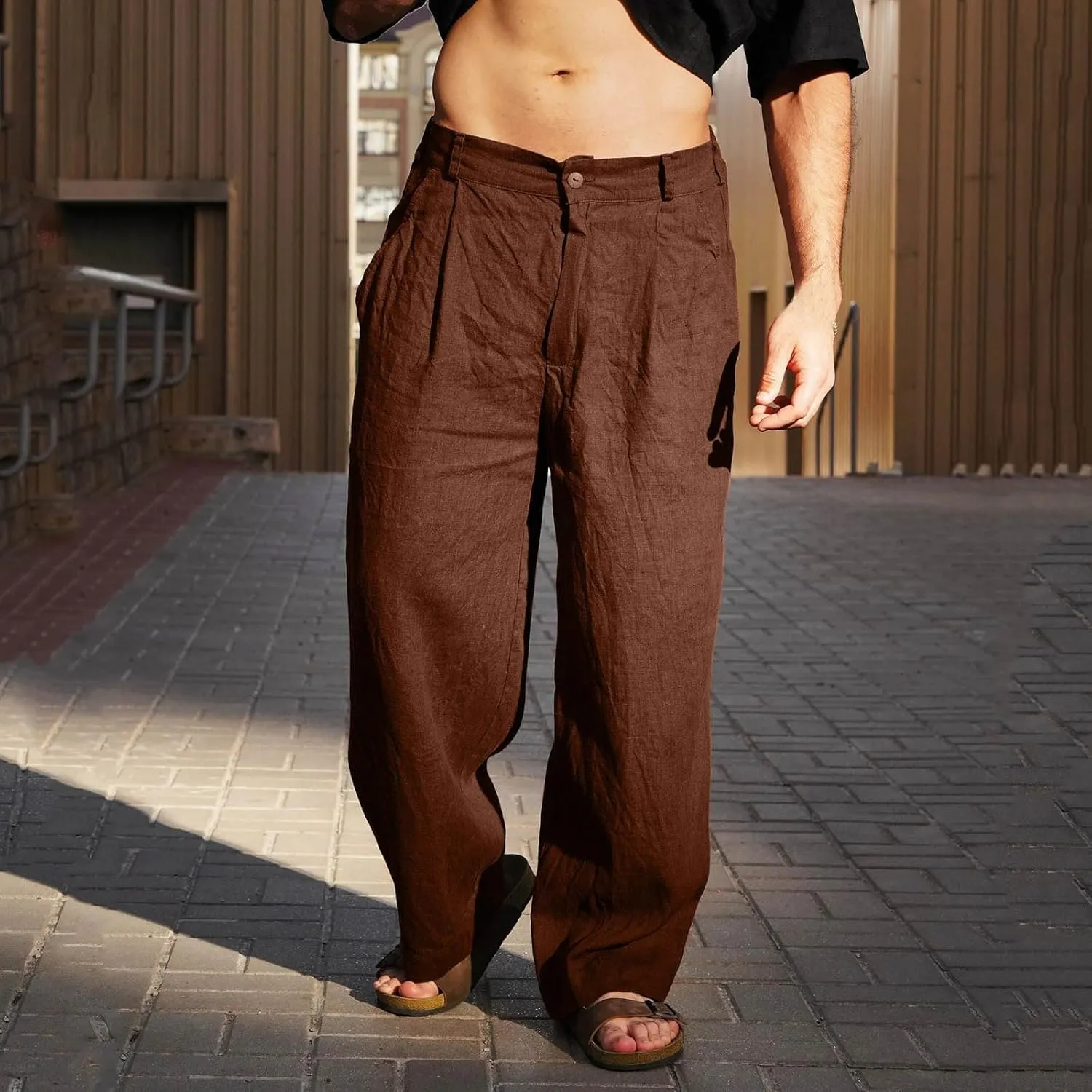 Xiaojmake Linen Pants for Men Casual Loose Fit Elastic Drawstring Waist Baggy Trousers Summer Straight Beach Pant Lightweight